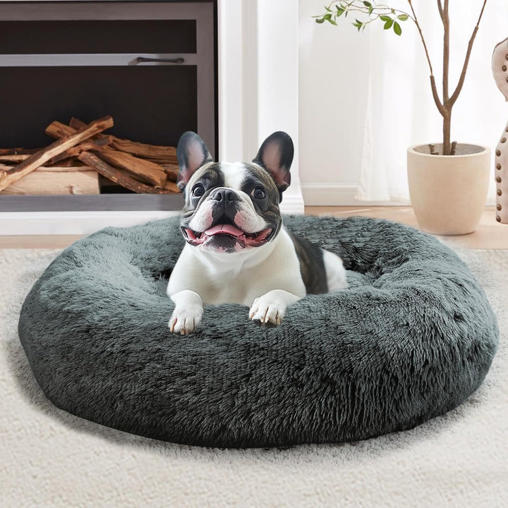 Small Dog & Cat Beds for Indoor Cats, Donut Cuddler Warming Soft Dog Beds with Anti-Slip Bottom, round Calming Fluffy Plush Faux Fur Cushion Bed for Small Medium Dogs (20", Smoke Grey)