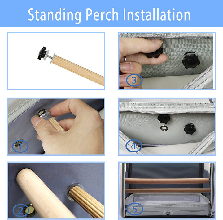 Bird Carrier Backpack - Pet Travel Cage with Upgraded Tray and Standing Perches, Breathable & Portable, for Small Birds, Green Cheek, Cockatiel, Parrot (Grey)