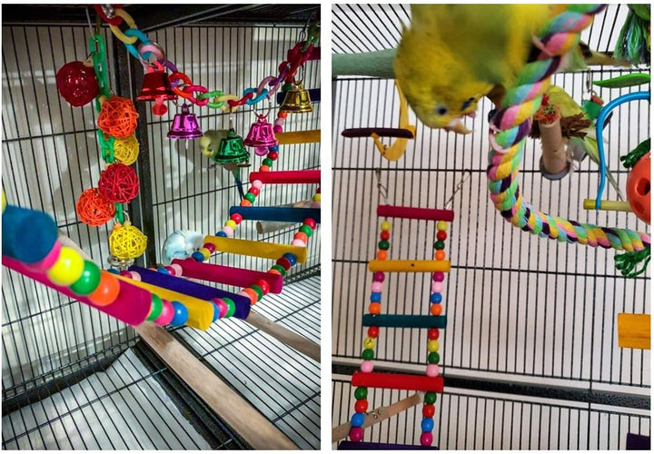 Bird Ladder Toys Coloured Flexible Parrot Swing Bridge Wooden Cockatiel Cage Hanging Climbing Ladder (39 in (16 Steps))