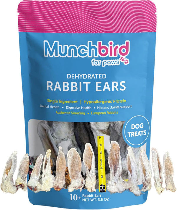 Dehydrated Rabbit Ears 100G (3.5 Oz) 12-15 Pcs for Dogs, European Furry Rabbit Ear Natural Fiber for Pets, Rawhide Free Alternative to Pig Ears Dog Treats, Ear Size Varies