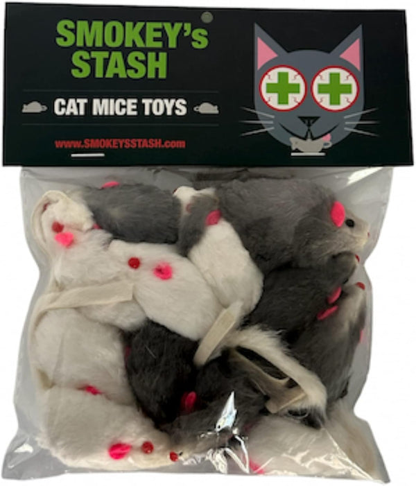 Rabbit Fur Mouse Cat Toy 12 per Pack White and Gray Fuzzy Toys for Cats with Rattle Realistic Fake Mice (12)