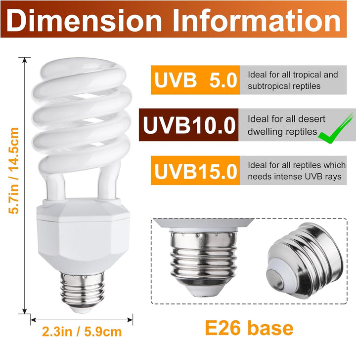 UVB Reptile Light Bulb 10.0, 23W UV Spiral Compact Florescent Terrarium Lamp Ideal for Desert Reptiles Bearded Dragons Lizard Tortoise Iguanas Chameleons Snake - 2 Pack