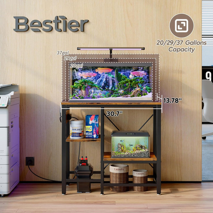 20-29-37 Gallon Fish Tank Stand with Power Outlet, 30X13 Metal Aquarium Stand with Filter Storage, 6-Leg Reptile Tank Stand with 3-Tier Adjustable Storage Shelves, 400LBS Capacity
