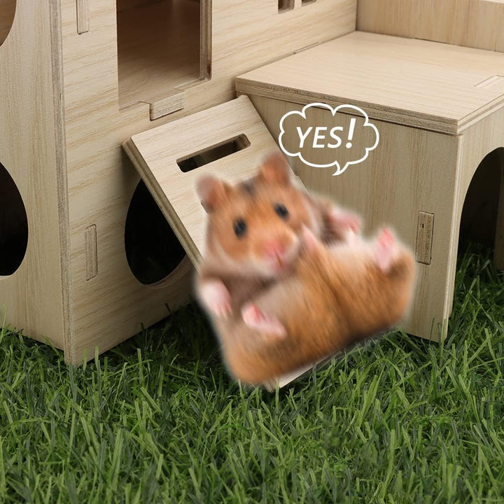 Tiny Hamster Maze Wood House Fun Slide House Double-Decker Hut for Dwarf Gerbil Mouse Mice Rat Small Animals(Only for Small Hamster)