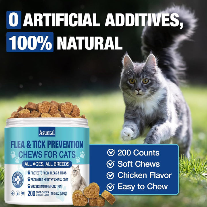 Flea and Tick Prevention for Cats Chewable, Natural Cat Flea Treatment, Oral Kitten Cat Flea & Tick Control, Flea Pills Supplement with Vitamins Support Immune, Skin & Coat, 200 Soft Chews (Chicken)