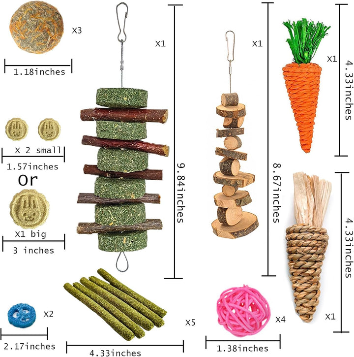 20 PCS Bunny Chew Toys for Teeth, Natural Rabbit Toys Apple Wood Grass Timothy Sticks Chew and Treat for Guinea Pigs Hamster Chinchillas