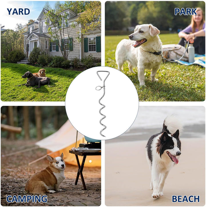 Dog Tie-Out Stake, Durable Silver Spiral Anchorstake, Secure Outdoor Tethering for All Cable Leash Chain, Camping Yard, Rust-Resistant, Easy Installation, Medium, 16 Inch