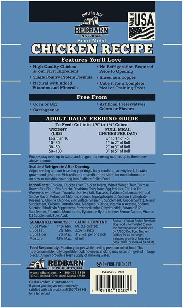 Redbarn 4Lb Chicken Recipe Rolled Food, Natural Ingredients with Added Vitamins & Minerals - Shelf Stable Food, Topper or Training Reward, Made in USA (Pack of 1)