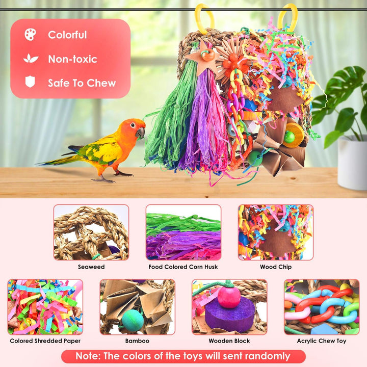 Conure Toys, Bird Grass Mat Parakeet Shredder Hanging Toy Cockatiel Foraging Entertainments Parrot Climbing Wall Chewy Lovebird Cage Playthings for Small to Medium Birds