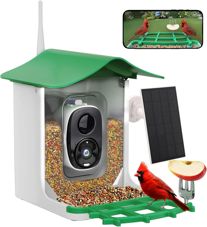 Bird Feeder with Camera AI Identify Birds Species Solar Panel - Smart Bird House with 1080P HD+ Video Live Stream, Instant Arrival Alerts, Live View, Capture Video, Bird Lover Watching (Green)