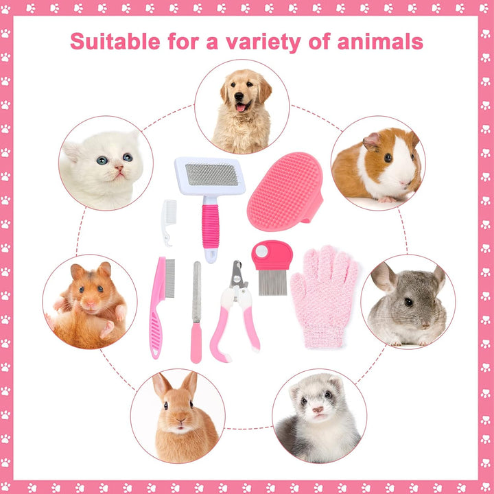 Pink Small Animal Grooming Kit with Nail Clipper, Flea Comb, Shampoo Brush, Slicker Brush, Massage Glove for Rabbits
