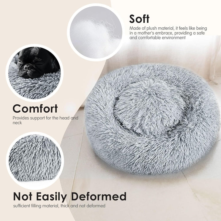Dog & Cat Bed for Indoor Cats, 20In Calming Donut Bed for Puppy and Kitten, Washable round Fluffy Pet Bed for Small Medium Dogs and Cats (Light Grey)