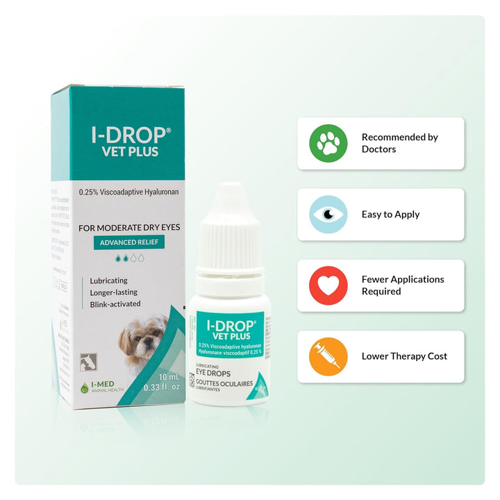 VET PLUS: Dog Eye Drops for Pets | Lubricate Acute/Seasonal Dry Eyes | Superior Comfort | Long-Lasting Relief | Fewer Application Needed, 0.25% Hyaluronan | Multi Dose Bottle | One Bottle 10 Ml