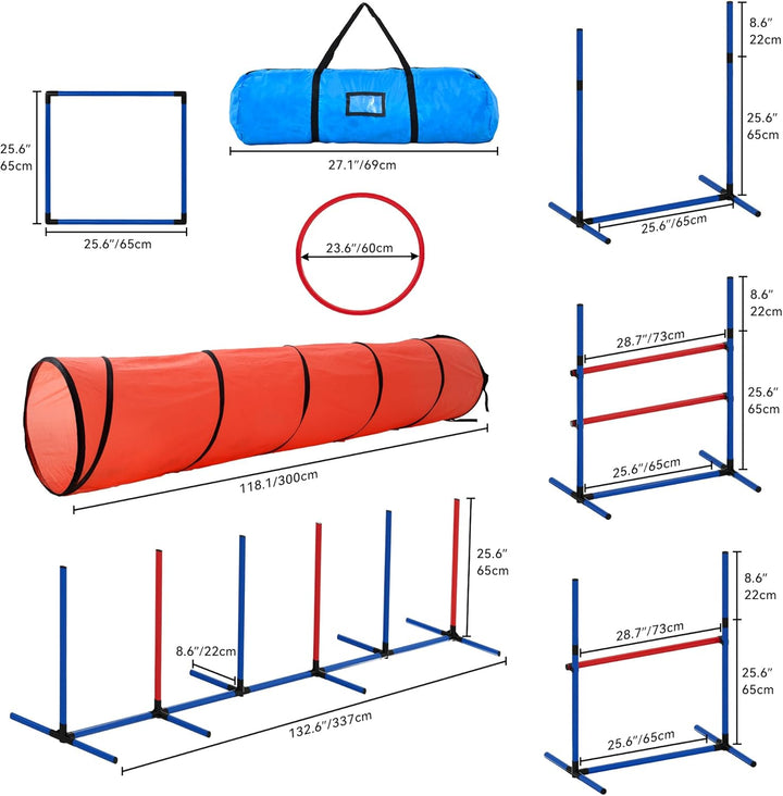 Dog Agility Accessories Kit: Comprises of a Teaser Pole, 2 Hurdles, 3 Flying Discs, 6 Weaving Poles, Agility Tunnel, Pause Box, Full Set of Agility Equipment for Backyard Indoors Outdoors