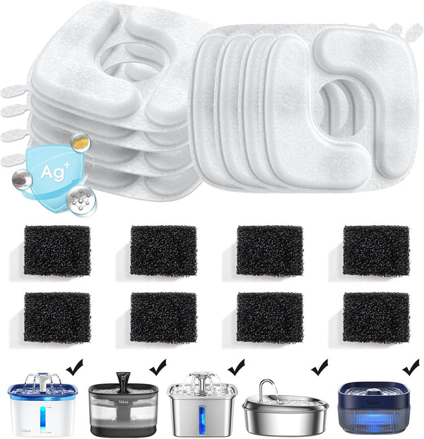 Cat Water Fountain Filters, 8 Pack Replacement Filters & 8 Pack Replacement Pre-Filter Sponges Set for 50Oz, 84Oz, 95Oz Automatic Pet Fountain Dog Water Dispenser