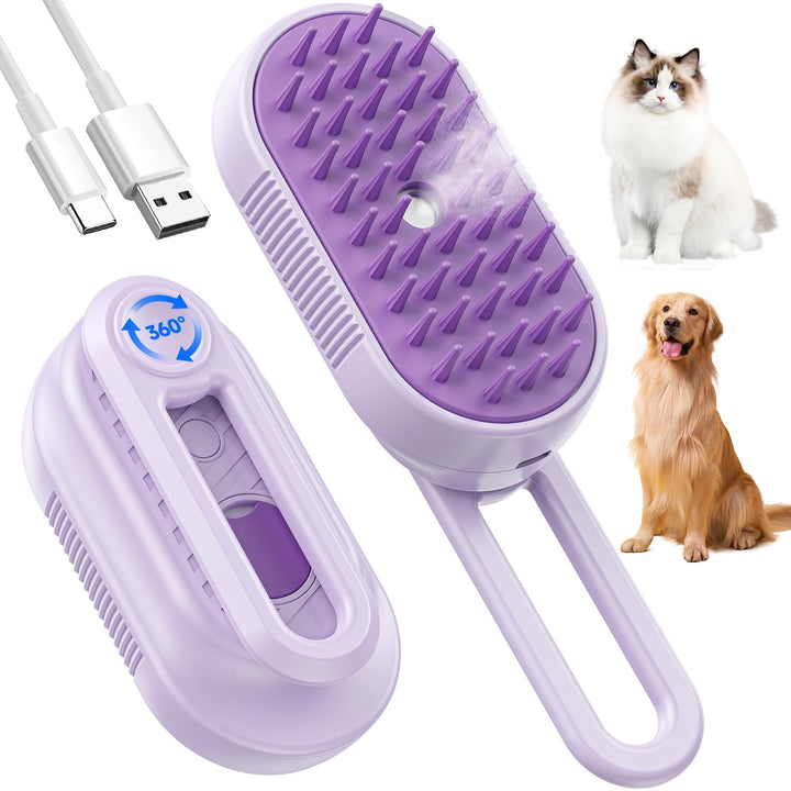 Cat Steam Brush for Shedding, 4 in 1 Rechargeable Steam Brush for Cats and Dogs, Anti-Static, Massage, Cleaning, Shedding & Combing All in One! (Purple) (White)