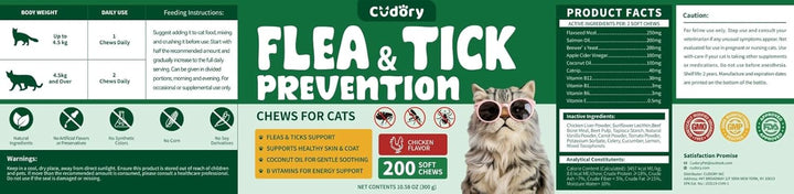 Flea and Tick Chews for Cats - 200 Soft Chews Natural Flea Tick Support for Cat All Breeds & Ages - Nourishes Skin & Coat Health - Energy Support - Chicken Flavor Soft Chew