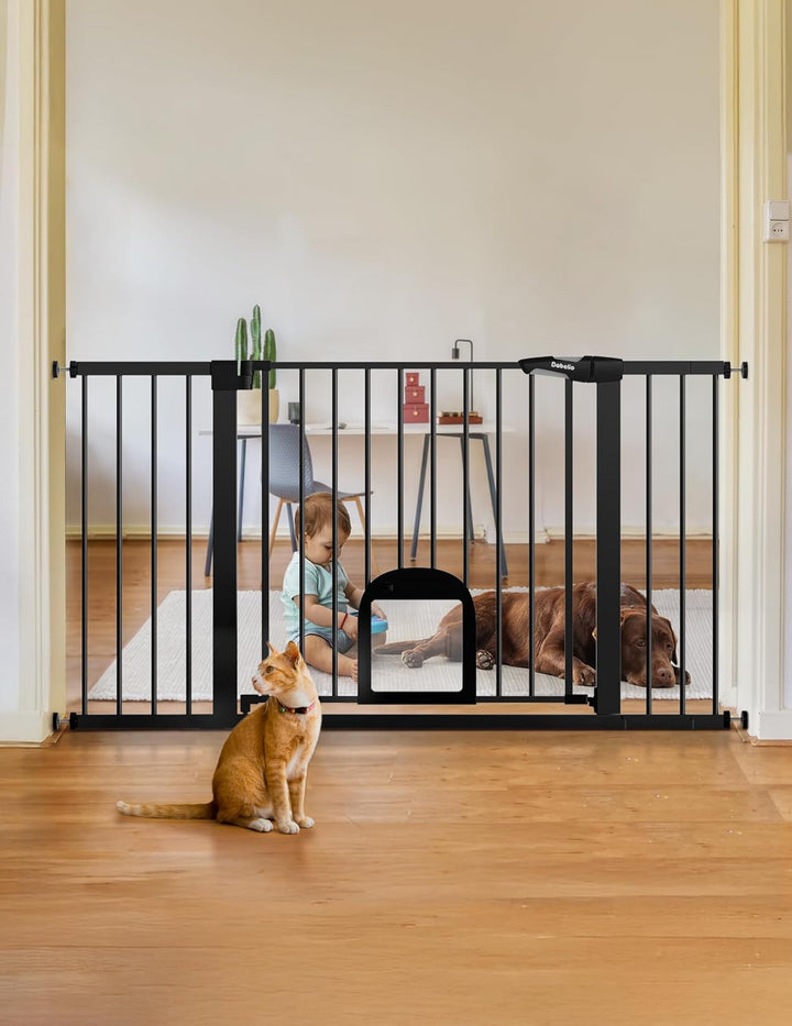 Baby Gate with Adjustable Cat Door,29-43" Auto Close Durable Pet Door for Stairs,Doorways and House,Pressure Mounted,Easy Install,Effortless Walk Thru,White