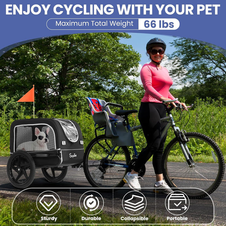 Dog Bike Trailer, Dog Cart for Bicycle, Suitable for Small and Medium Pets, Easy Folding Cart Frame, Quick Release Wheel, Non-Slip Floor, Internal Leash, 66LBS Grey