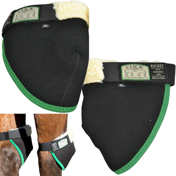 Click Horse Hock Shield, Horse Care Boots, Hock Shield for Horses W/ Fleece Lining, Prevents Hock Sores & Bed Sores, Tear Resistant Hock Protectors for Horses, Black W/ Green Trim