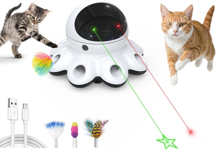 Cat Laser Toy, 2-In-1 Interactive Automatic Motion Activated Moving 8 Holes Whack a Mole Feather, USB Rechargeable Electronic Smart Sensor Kitten Toys for Indoor Exercise
