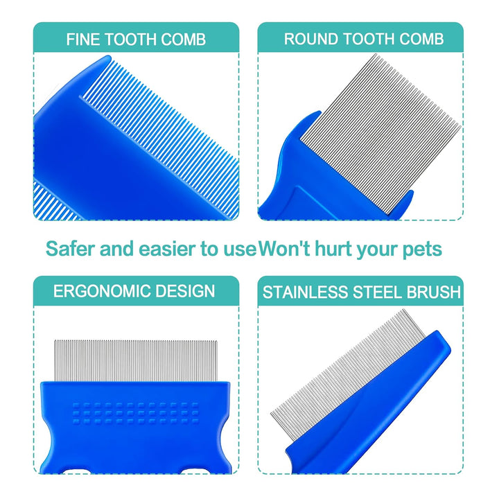5 Pack Flea Lice Comb,Stainless Steel Dog Cat Grooming Combs with Rounded Teeth,Double-Sided Tear Stain Remover,Dematting Comb for Dogs Cats Ideal for All Types of Small, Medium, Large Pets