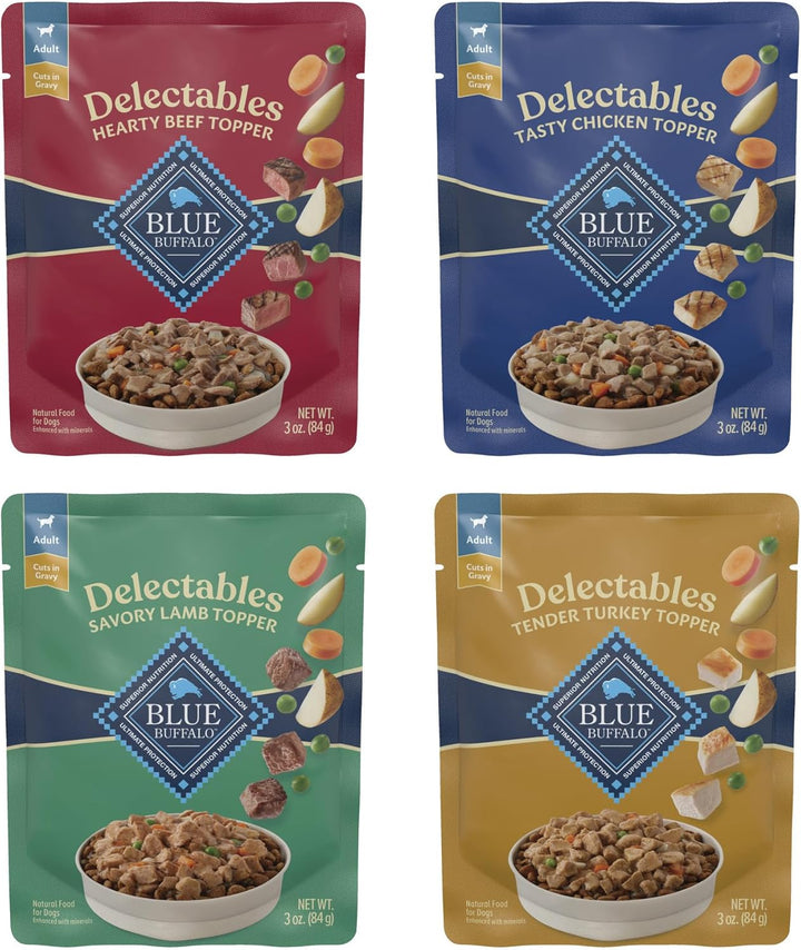 Delectables Natural Wet Dog Food Toppers Variety Pack, Tasty Chicken & Hearty Beef, Cuts in Gravy, 3-Oz. (12 Pouches, 6 of Each Flavor)