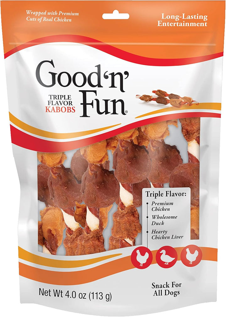 Good ‘N’ Fun Triple Flavor Kabobs Chews for All Dogs, 48 Ounces, Treat Your Dog to Chews Made from Beef Hide, Real Chicken, Pork Hide, Duck and Chicken Liver