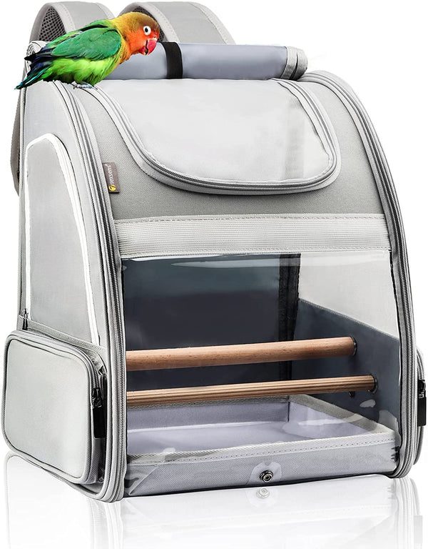 Bird Carrier Backpack - Pet Travel Cage with Upgraded Tray and Standing Perches, Breathable & Portable, for Small Birds, Green Cheek, Cockatiel, Parrot (Grey)