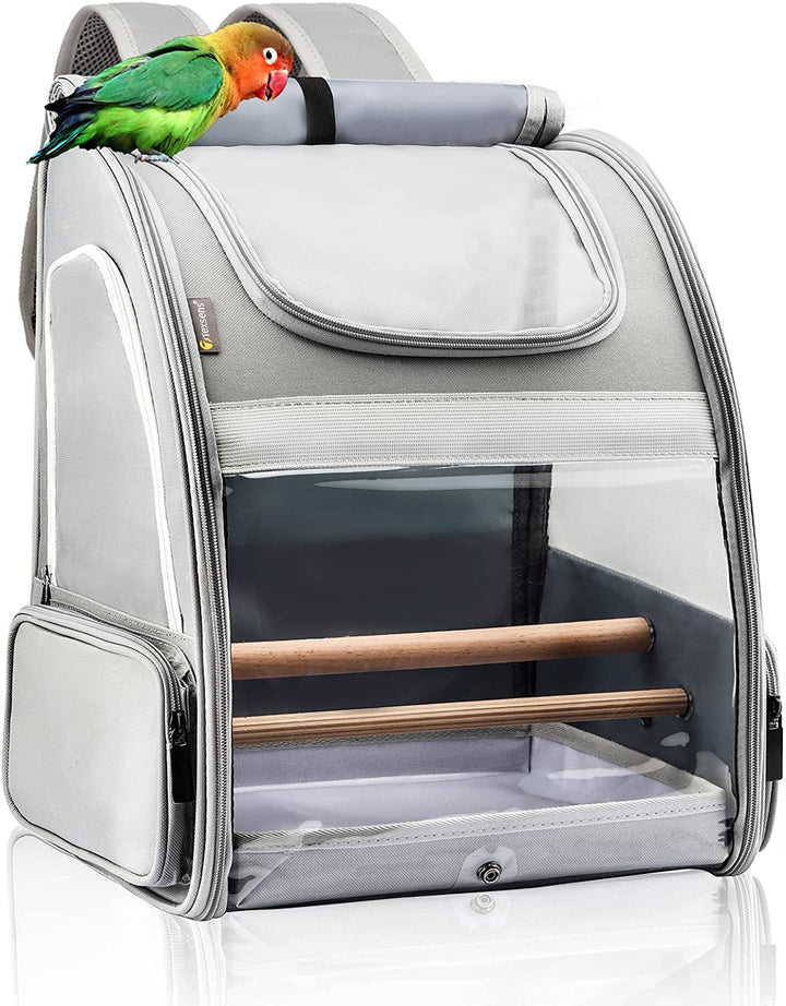 Bird Carrier Backpack - Pet Travel Cage with Upgraded Tray and Standing Perches, Breathable & Portable, for Small Birds, Green Cheek, Cockatiel, Parrot (Grey)