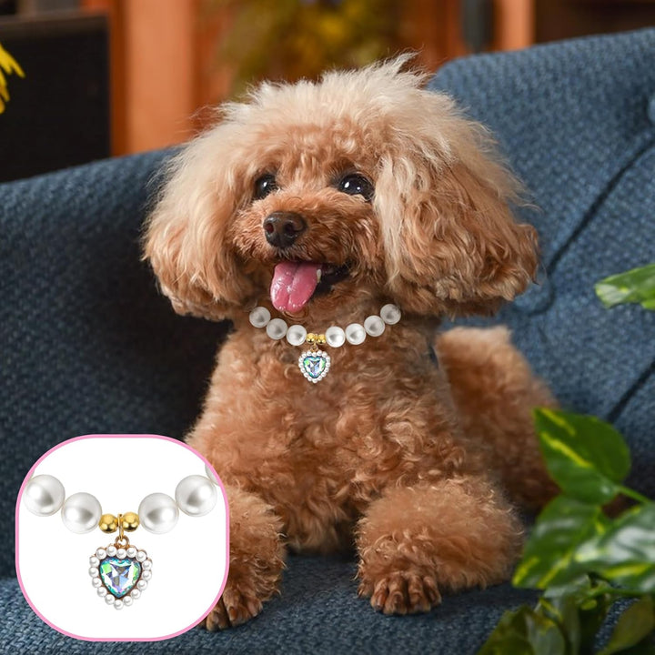2 Pcs Adjustable Cat Dog Pet Pearl Collar Small Heart Shape Jewelry Necklace Adjustable Neck Strap Wedding Birthday Party Jewelry Accessories Fancy Pet Dress Collar for Puppy Small Cats