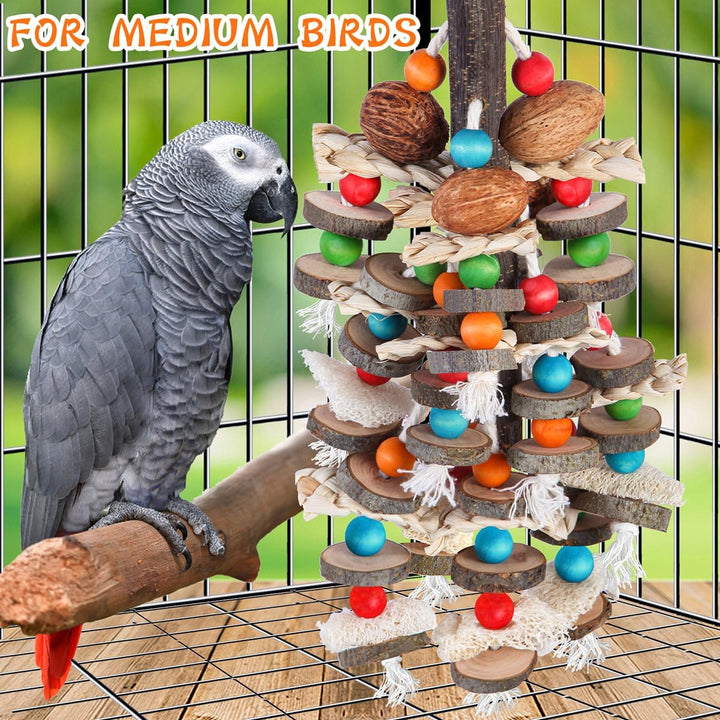 Large Parrot Toys Bird Chewing Toys-Natural Nuts Corn Loofah Wooden Bird Cage Toy for African Grey,Macaws,Conure,Cokatoos,Cockatiel,Amazon Parrots and Other Medium and Small Birds