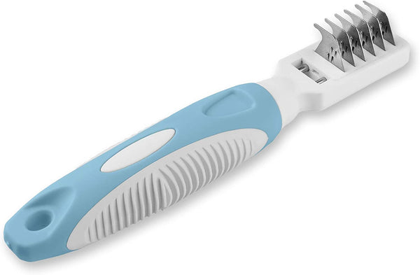 Professional Pet Mat Remover - Dematting Tool for Grooming Cats & Dogs - Removes Matted Fur, Tangles, Knots, Loose Hair & Dirt - Stainless Steel, Gentle Teeth, Soft Comfort Grip Handle,Blue