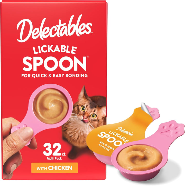 Delectables Lickable Spoon Handheld Wet Cat Treats Made with Real Salmon, Quick & Easy Creamy Puree, Mess Free, Grain-Free, No Added Fillers, No By-Products, No Added Preservatives, Variety Pack, 32Ct