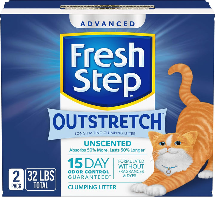 Outstretch Advanced Long Lasting Clumping Litter with Febreze Freshness, Activated Charcoal Litter Lasts 50% Longer, 32 Lbs. (2 X 16 Lb. Box)