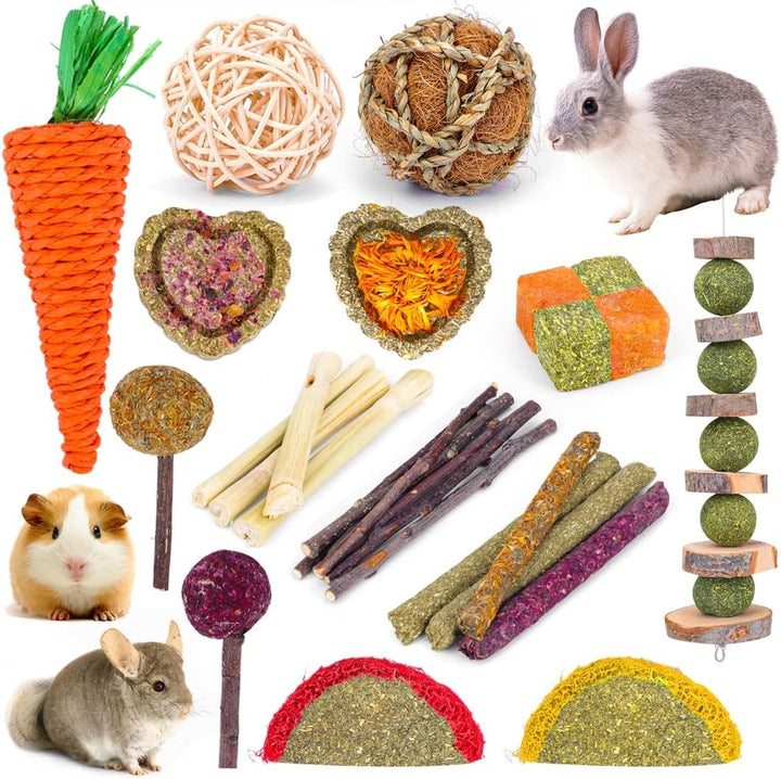 52Pcs Rabbit Chew Sticks, Guinea Pig Toys, Natural Timothy Grass Molar Teeth Stick, Mixing Flowers, Roses, Calendula and Forget Me Not, Small Animals Treats