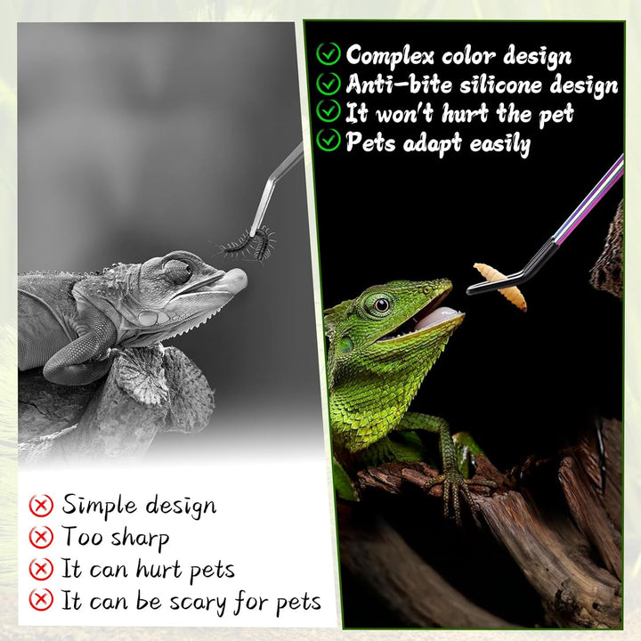 Stainless Steel Reptile Feeding Tongs with Rubber Tip - 10.6" Straight & Curved Tweezers for Aquariums & Crafts - Feeder Tools for Bearded Dragons & Lizards - Terrarium Tank Supplies - 2 Pack