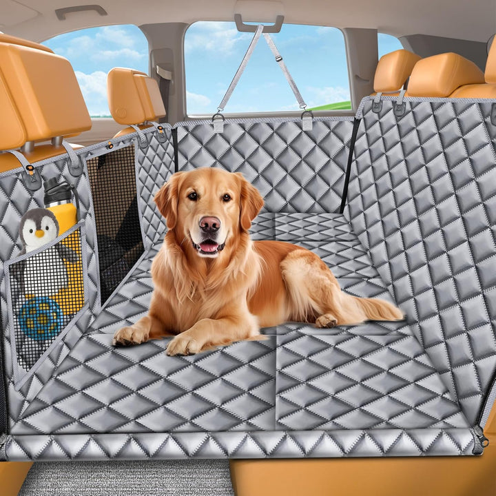 Backseat Extender for Dogs - Hard Bottom Dog Car Seat Cover for Back Seat, Foldable Dog Hammock for Car, SUV, and Truck, Pet Rear Seat Protector Dogs Travel Bed with Mesh Window & Side Flaps