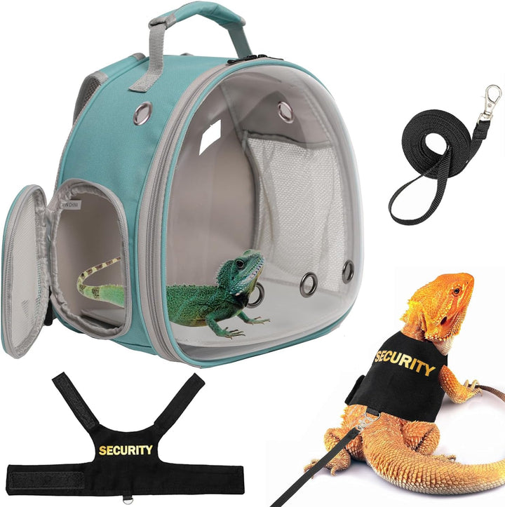 Bearded Dragon Carrier Backpack with Security Printing Harness Leash Set, Reptile Lizard Space Capsule Astronaut Clear Bubble Window Travel Carrier for Small Animal Guinea Pig(Black, Security Harness)