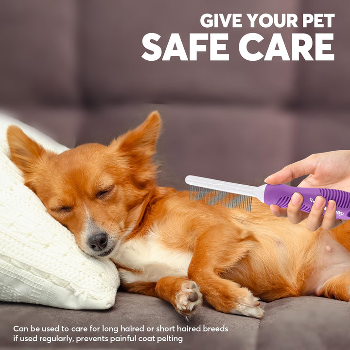 Grooming Comb for Dogs and Cats with Matted Hair, Detangling Pet Comb with Long and Short Stainless Steel Metal Fine Teeth for Removing Mats, Tangles, Knots & Loose Fur from the Undercoat