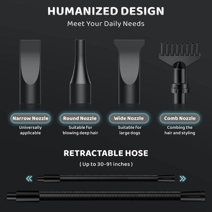 Dog-Hair-Dryer, 5.2HP/ 3800W High Velocity Pet Blow Dryer with Heater for Grooming, Speed Temperature Adjustable Dog Blower Grooming Dryer with 4 Nozzles