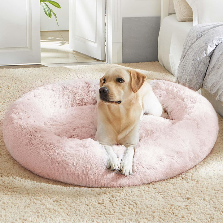 Calming Soft round Dog & Cat Bed, Anti-Anxiety Donut Cuddler Warming Cozy Fluffy Faux Fur Plush Cushion Bed for Small Medium Dogs and Cats (20"/24"/27"/30"), Light Grey
