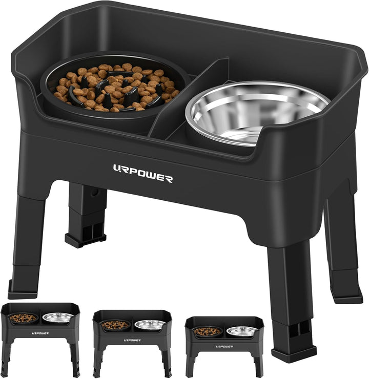 3-In-1 Elevated Dog Bowls - Mess Proof Double Deck 4 Height Adjustable Raised Stand with 2 Stainless Steel Food Bowls & Licking Plate for Small, Medium & Large Dogs