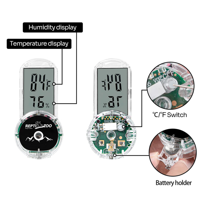 Upgraded Reptile Terrarium Thermometer Hygrometer,Digital Pet Temperature and Humidity Gauge with Suction Cup for Reptile Rearing Box Tank,4-Sides Mounting
