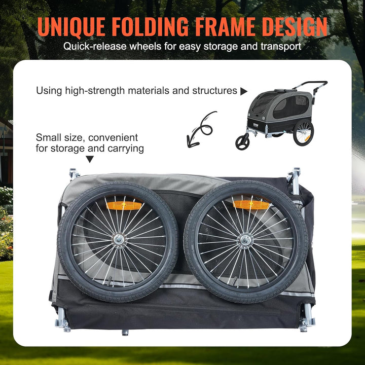 Dog Bike Trailer, Supports up to 66/88/100 Lbs, 2-In-1 Pet Stroller Cart Bicycle Carrier, Easy Folding Cart Frame with Quick Release Wheels, Universal Bicycle Coupler, Reflectors, Flag