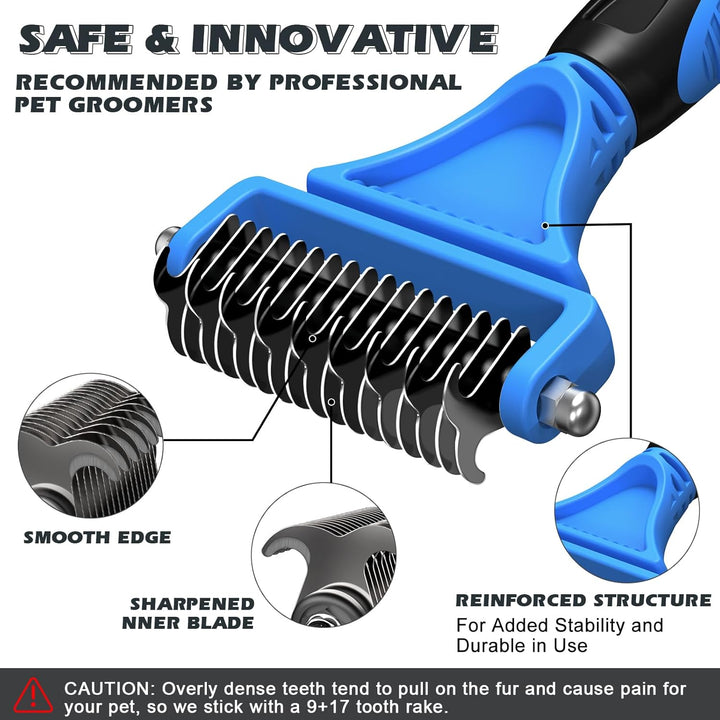 3PCS Pet Grooming Rake & Metal Comb & Flea Comb for Cats and Dogs, Double-Sided Dematting Tool, Extra-Wide Deshedding Dog Brush for Long Hair to Effectively Remove Tangles, Knots and Mats (Blue)
