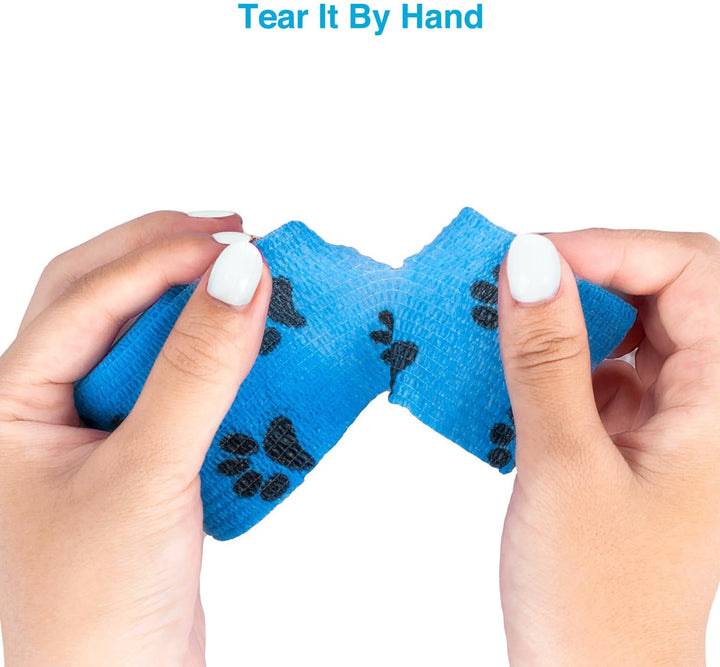 Pet Wrap, Self-Adhesive, Only Sticks to Itself, Non-Woven Tape for Dog Legs, Paws, Wounds, First Aid Cohesive Gauze for Horse, Cat, Bird, Animal, 6 Rolls, 2 Inch, Pawprints A