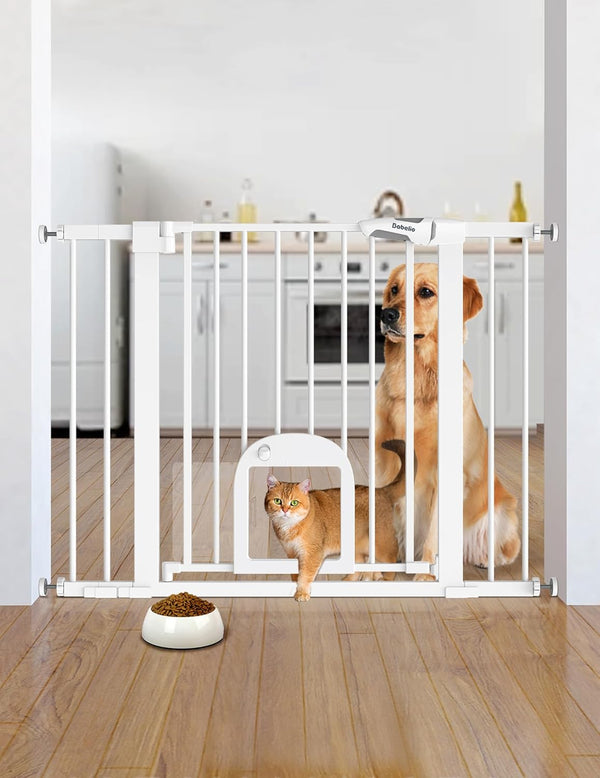 Baby Gate with Adjustable Cat Door,29-43" Auto Close Durable Pet Door for Stairs,Doorways and House,Pressure Mounted,Easy Install,Effortless Walk Thru,White