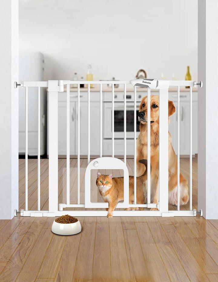Baby Gate with Adjustable Cat Door,29-43" Auto Close Durable Pet Door for Stairs,Doorways and House,Pressure Mounted,Easy Install,Effortless Walk Thru,White