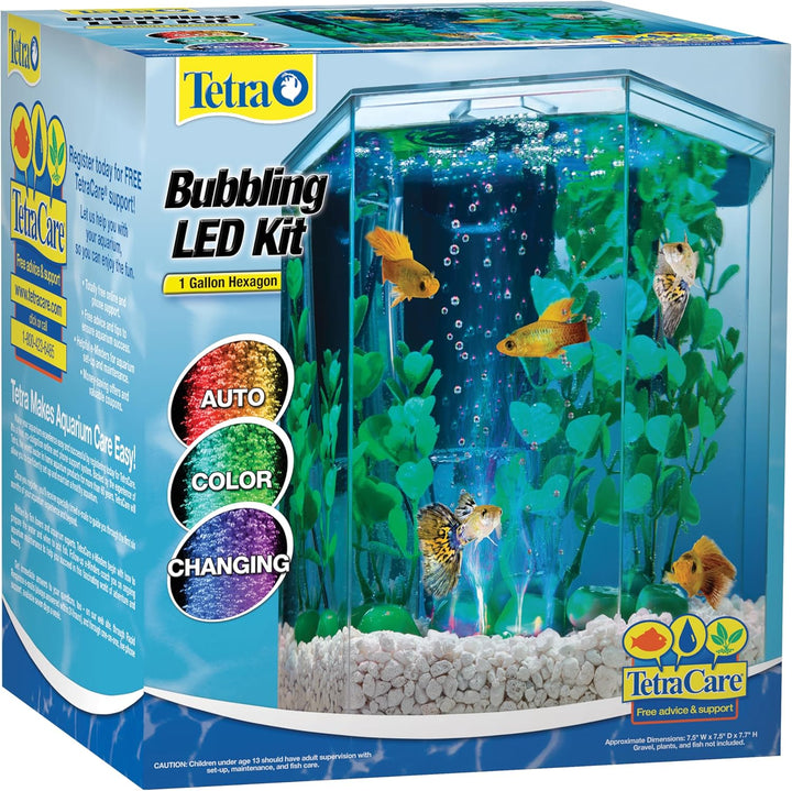 Bubbling LED Aquarium Kit 1 Gallon, Hexagon Shape, with Color-Changing Light Disc